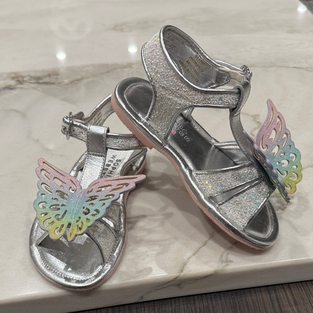 Brand New Sophia Webster Silver Glitter Kids Sandals with Butterfly Design
